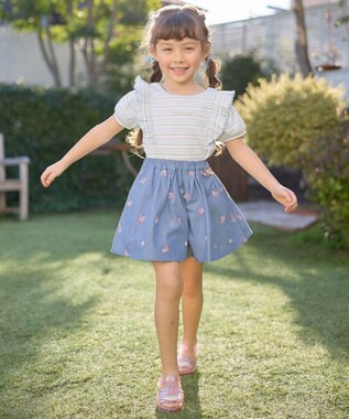 ANY KIDS オン・オフショルダー ボーダー Tシャツ サックスブルー系