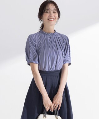組曲 ライトデシンフリル襟 ブラウス ブルーストライプ系1