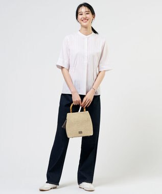 J.PRESS LADIES 【シーンレスに活躍】セルロースカラミストライプ バンドカラー ブラウス ホワイト×ピンク系
