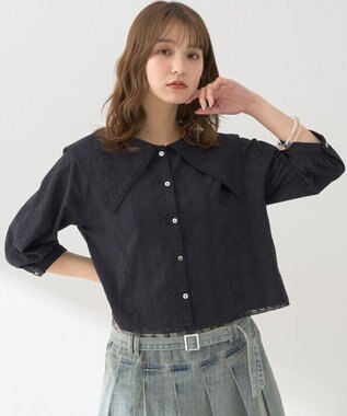 earth music&ecology ビッグカラー刺繍ブラウス Black