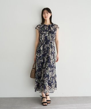 YECCA VECCA フラワー柄シアープリーツワンピース Navy