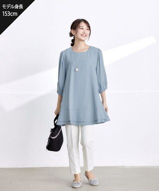 Tiaclasse 【洗える】裾フリルパフ袖チュニック ブルー