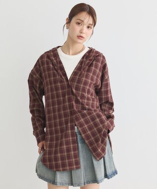 earth music&ecology フーディーチェックシャツ Bordeaux