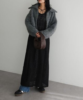 Green Parks フロントジップビックカラーニットブルゾン Gray