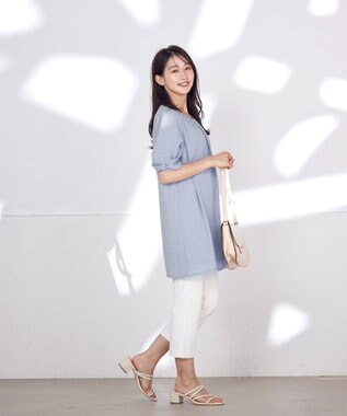 Tiaclasse L 【洗える】シアーチェックリボン袖チュニックブラウス グレー