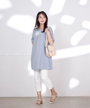 Tiaclasse L 【洗える】シアーチェックリボン袖チュニックブラウス グレー