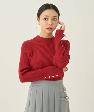 earth music&ecology スリーブ釦ニットプルオーバー Red