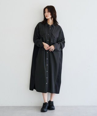 YECCA VECCA ミリタリーロングシャツワンピース Stripe