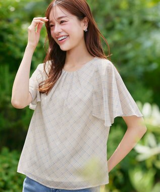 Tiaclasse 【洗える】チェック柄ハンカチスリーブブラウス