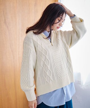 ANY L ソフトアクリルハーフジップケーブルニット エクリュ