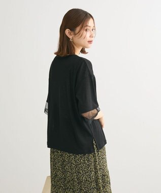 Green Parks 袖チュールドッキングシアー５分袖プルオーバー Black