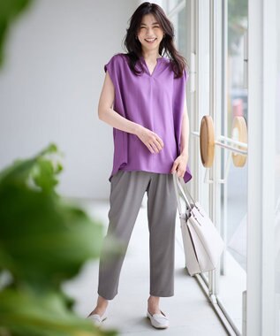 ANY ギャザーショートスリーブブラウス パープル