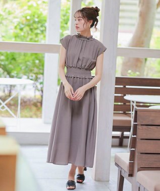 Tiaclasse 【洗える】麻調シャーリングハイネックワンピース モカ