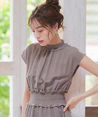 Tiaclasse 【洗える】麻調シャーリングハイネックワンピース モカ