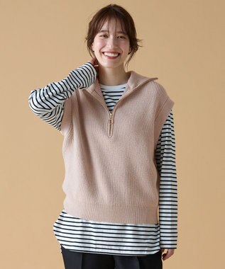 ANY ハーフジップニットベスト サンドベージュ