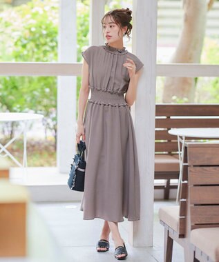 Tiaclasse 【洗える】麻調シャーリングハイネックワンピース モカ