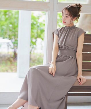 Tiaclasse 【洗える】麻調シャーリングハイネックワンピース モカ