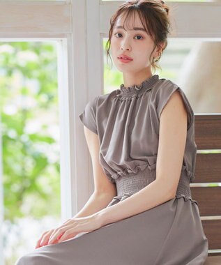 Tiaclasse 【洗える】麻調シャーリングハイネックワンピース モカ