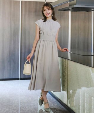 Tiaclasse 【洗える】麻調シャーリングハイネックワンピース グレージュ