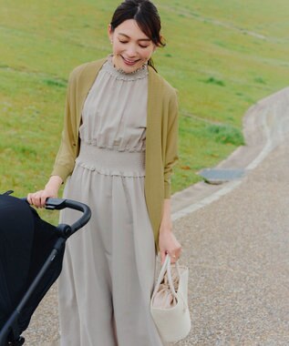 Tiaclasse 【洗える】麻調シャーリングハイネックワンピース グレージュ