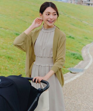 Tiaclasse 【洗える】麻調シャーリングハイネックワンピース グレージュ