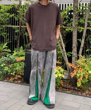 WEGO 【ユニセックス着用ITEM】ジャージドッキングZIPデニムパンツ グリーン