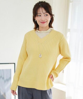 Tiaclasse L 【洗える】Vネックリブ編みニット イエロー