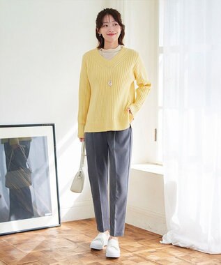 Tiaclasse L 【洗える】Vネックリブ編みニット イエロー