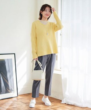 Tiaclasse L 【洗える】Vネックリブ編みニット イエロー