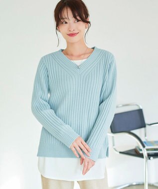 Tiaclasse L 【洗える】Vネックリブ編みニット サックス