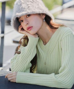 Tiaclasse L 【洗える】Vネックリブ編みニット ミント