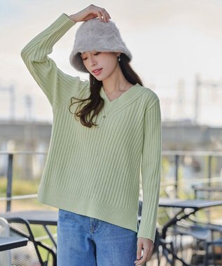 Tiaclasse L 【洗える】Vネックリブ編みニット ミント