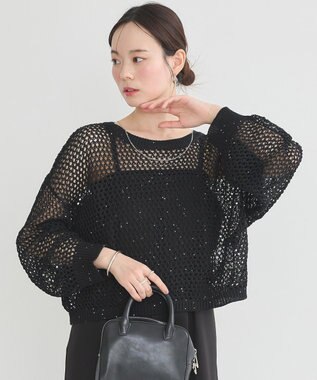 earth music&ecology スパンコールメッシュニットプルオーバー Black
