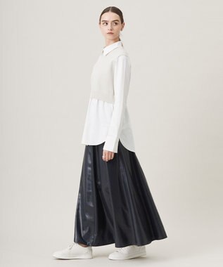 ICB L 【洗える】サテンワックスヴィンテージ フレアスカート ブラック系