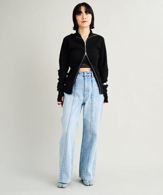 woadblue 【157】HW Semi Wide Flare TUCK Pants デニムパンツ LIGHT BLUE