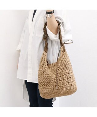 UNBILLION カシュカシュ cachecache / ドロストフリルハンドル地柄編みトート カゴバッグ ブラウン