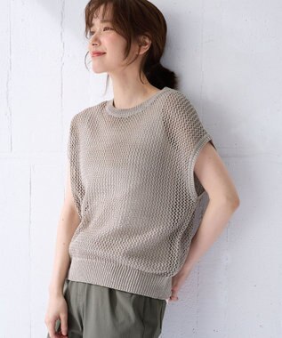 ANY フレンチスリーブメッシュニット グレージュ×ゴールド