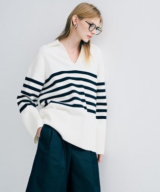 uncrave スウェットライクニット スキッパートップス オフ×ネイビーボーダー