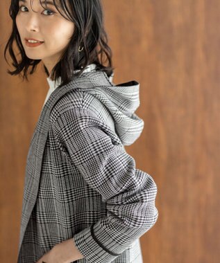 ANY L 【洗濯機可】フーディーコーディガン チャコール×グレーグレンチェック