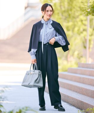 #Newans 【洗濯機可】ステッチデザインリボンタイブラウス ネイビーストライプ