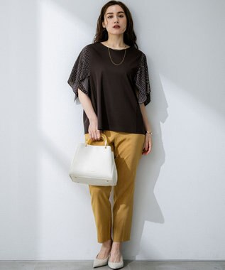 23区 L 【Lサイズ限定/洗える】スカーフプリントコンビ スリーブデザイン カットソー ブラウン×ベージュ