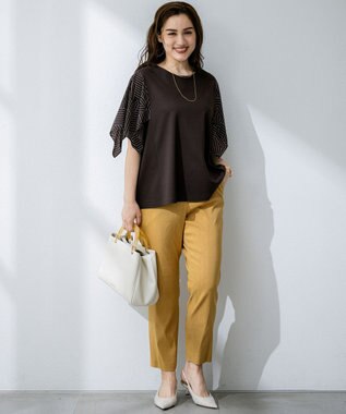 23区 L 【Lサイズ限定/洗える】スカーフプリントコンビ スリーブデザイン カットソー ブラウン×ベージュ