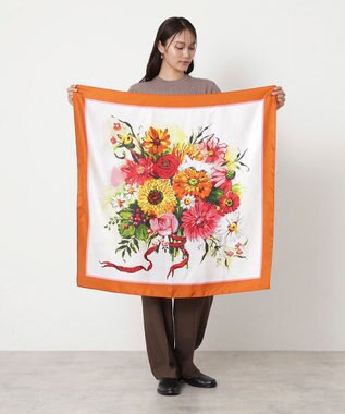 MOONBAT PAUL&JOE ACCESSOIRES(ポール & ジョー) シルクスカーフ 気球 ブーケ 88cm×88cm　手洗いOK オレンジ