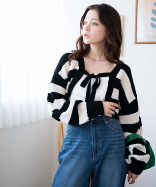 WEGO リボンニットボレロ ブラックボーダー