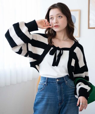 WEGO リボンニットボレロ ブラックボーダー
