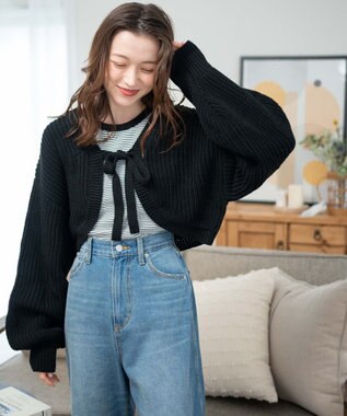 WEGO リボンニットボレロ ブラックボーダー