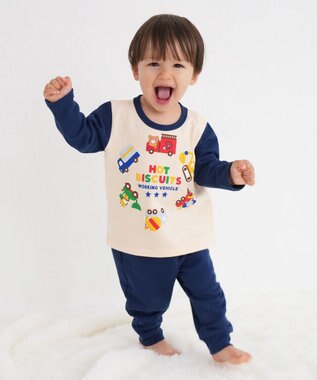 MIKI HOUSE HOT BISCUITS 【80-120cm】 働く車 ミニ裏毛 ルームウェア上下セット 紺