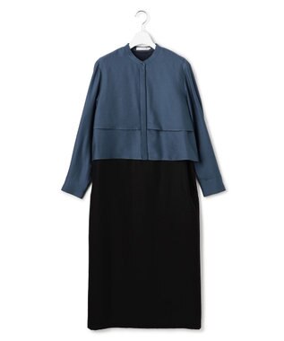 ICB 【洗える】ウールワッシャーツイル シャツドッキング ワンピース ブルーグレー×ブラック