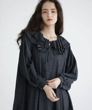 Green Parks ■ESCAR デニムラッフルカラーワンピース Black