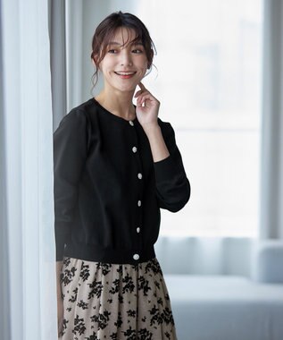 Tiaclasse L 【洗える】中空糸ビジューボタンカーディガン ブラック